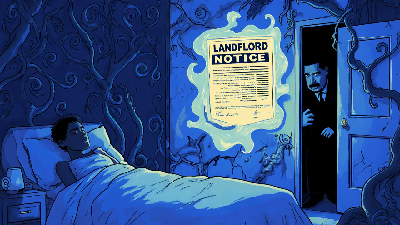 Арендатор спит спокойно, а арендодатель заглядывает с предупреждением о визите, фон — трещины и протечки.