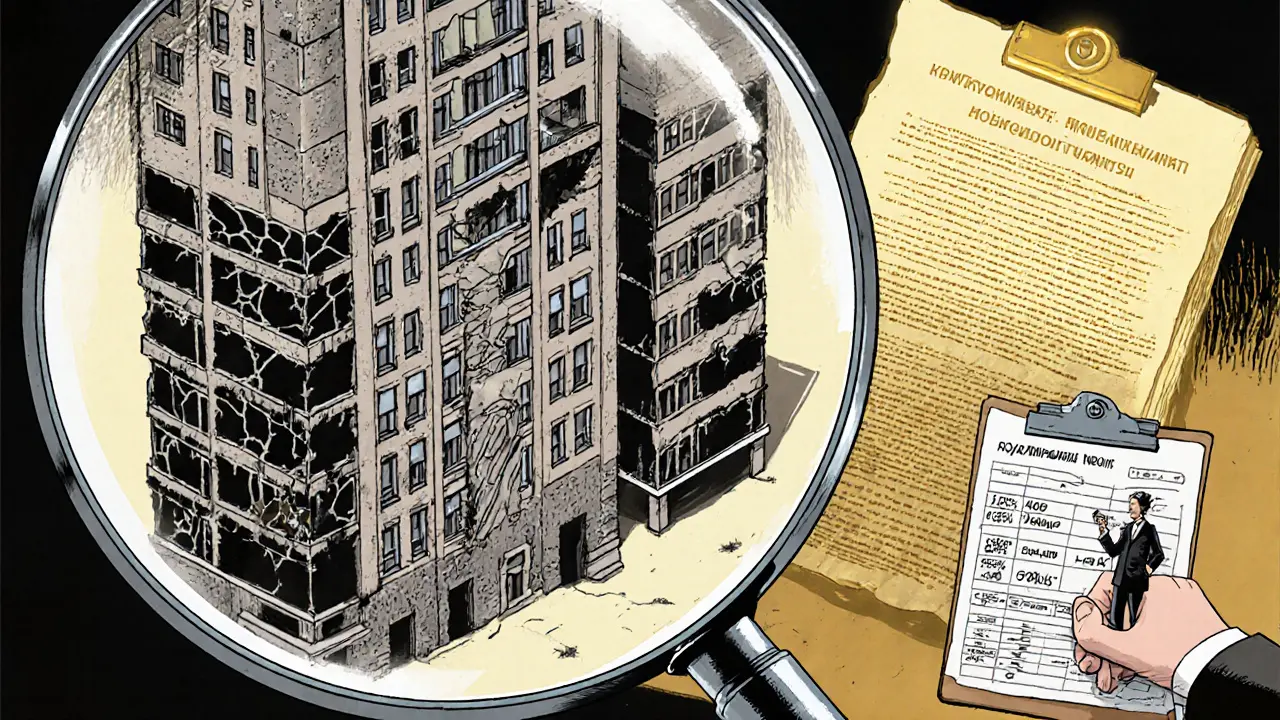 Лупа над старым домом, показывающая внутри детали износа стен, труб и перекрытий с документами Госстроя.