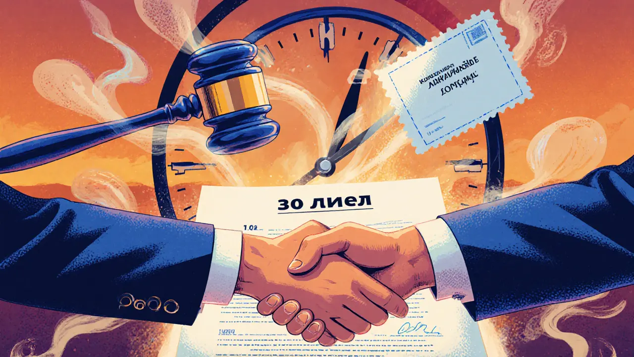 Собственник и арендатор рукопожатие под часами с почтовым уведомлением, символизирующее законное повышение арендной платы.