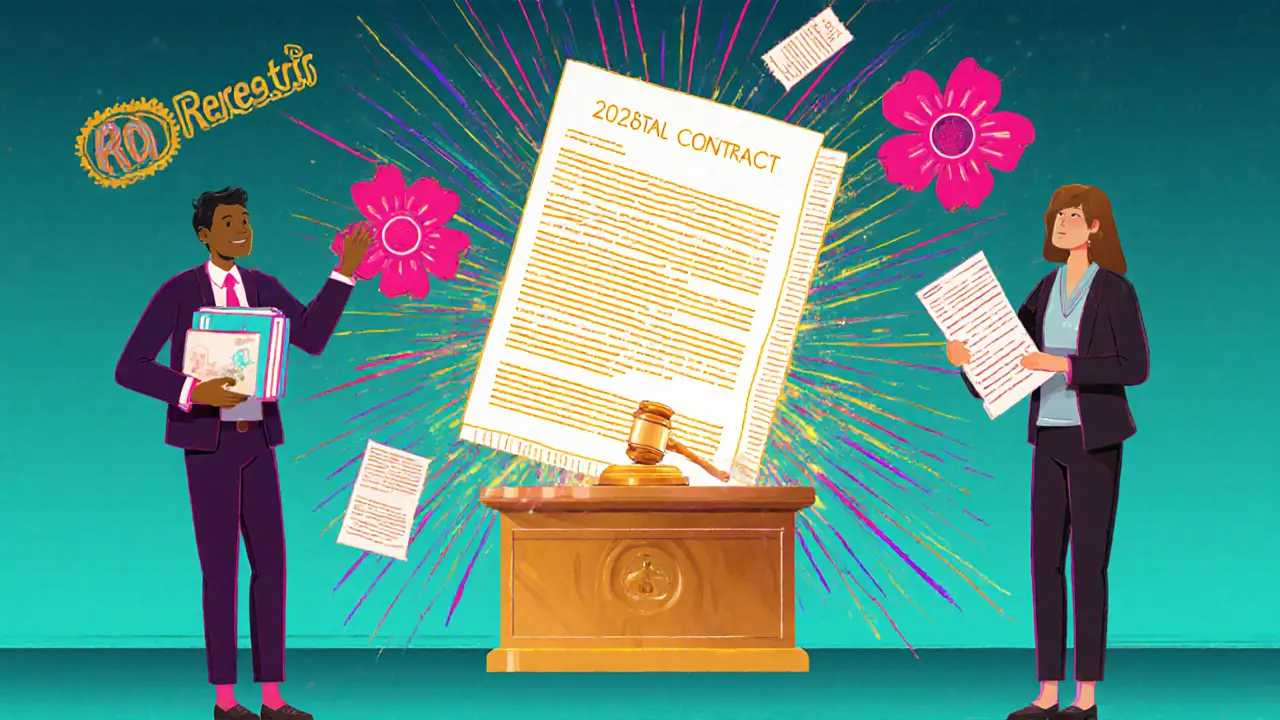 Судебный процесс вокруг гигантского договора аренды 2025 года, в воздухе — фото и квитанции в психоделическом стиле.