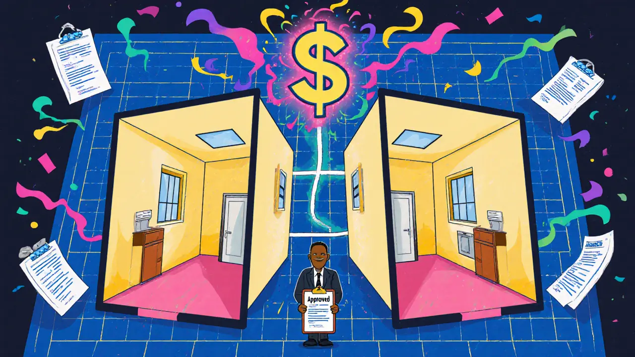 Разделённая квартира с двумя входами и отдельными кухнями, оформленная в стиле психоделического плаката.