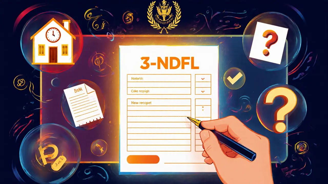 Цифровая форма 3-НДФЛ с плавающими иконками: дом, чек, документ и символ проверки.