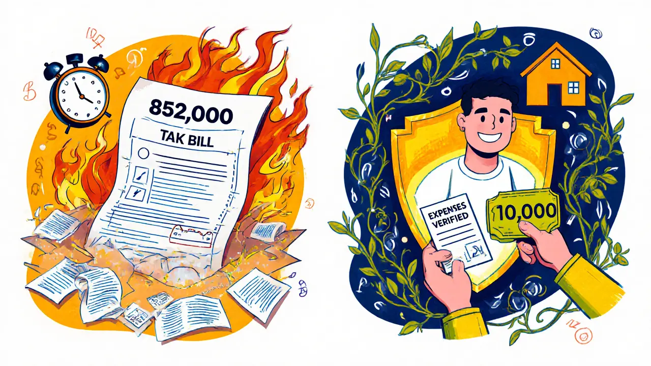 Два сценария: один с огромным налогом и потерянными чеками, другой — с вычетом и защищенным доходом.