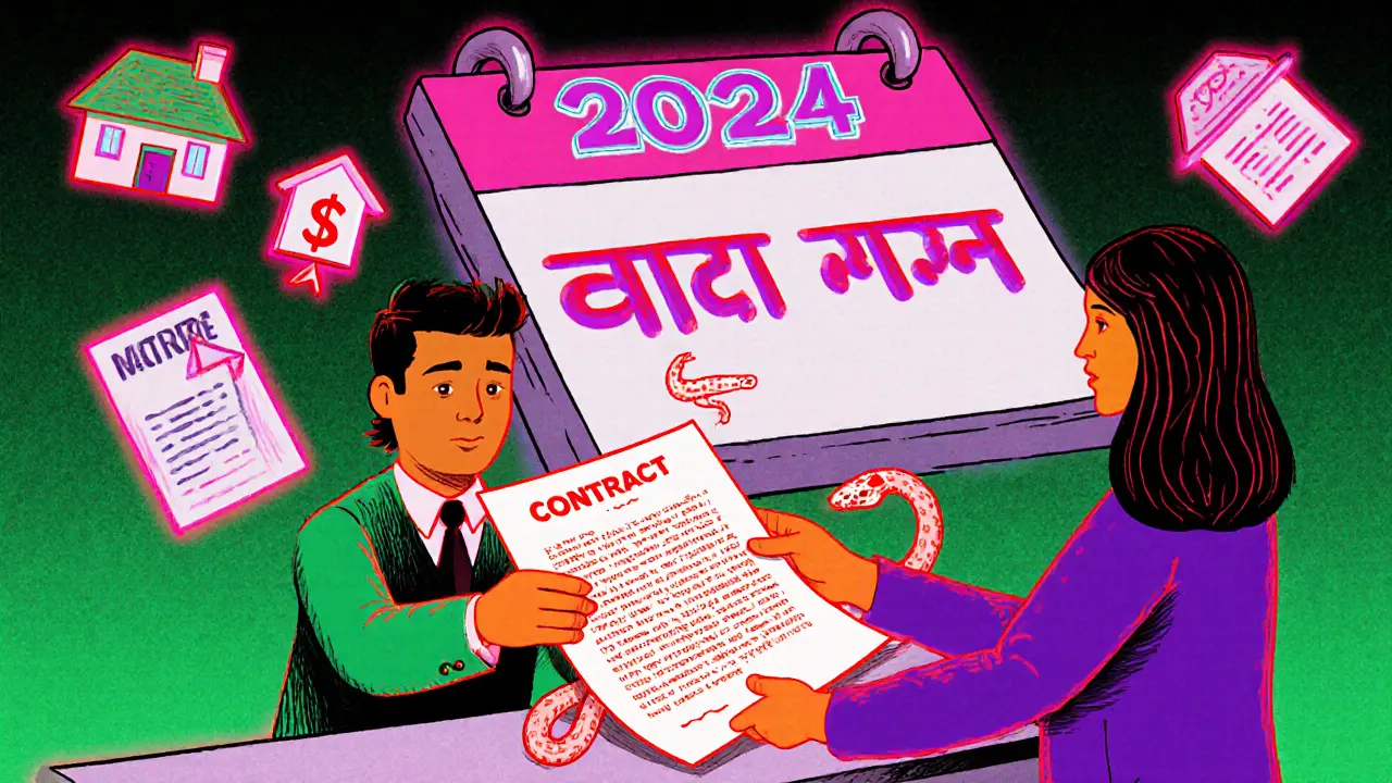 Клиент получает контракт с змеевидными штрафами, на фоне календаря 2025 года с надписью &#039;одна ипотека на семью&#039;.