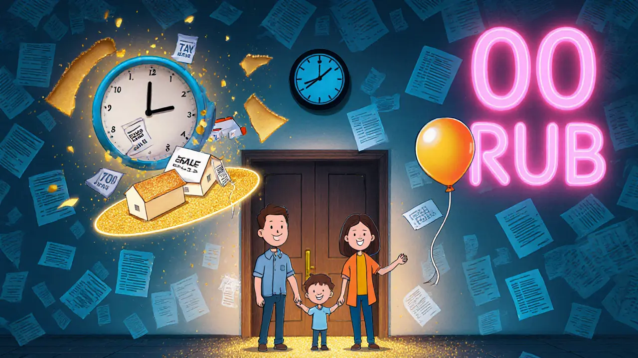 Семья покупает новую квартиру после продажи доли, с таймером 90 дней и нулевым налогом в стиле Вес Вильсона