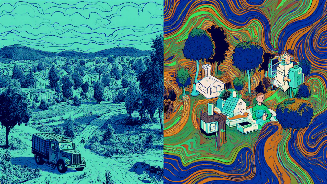 Сравнение деревни с низким подключением и современного поселка с автономными станциями, изображённое в стиле психоделической иллюстрации.