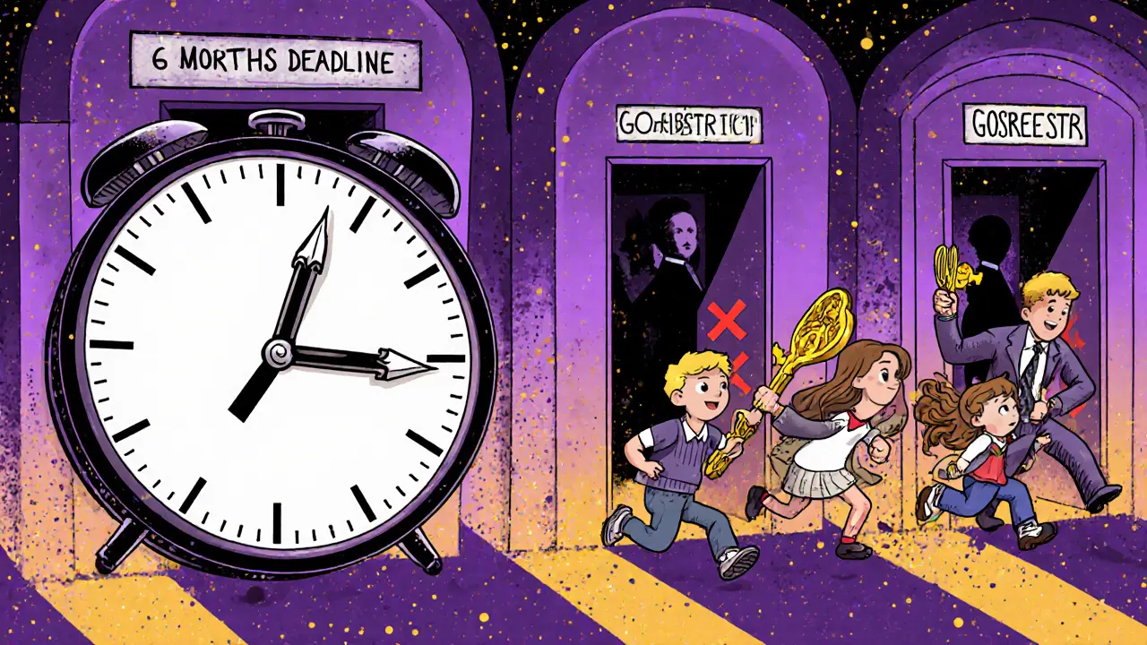 Часы с ручками-документами тикают к сроку, семья проходит через лабиринт бюрократии к ключам.