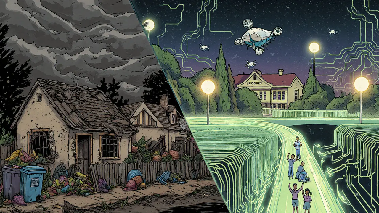 Контраст между заброшенным и развитым поселком с умными системами и зеленью.