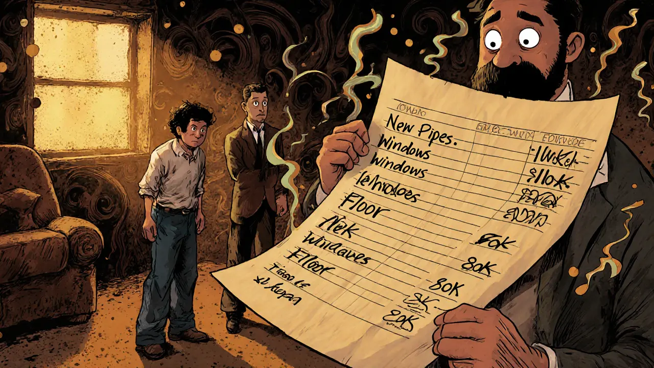 Покупатель показывает продавцу лист с расходами на ремонт, фоны в психоделическом стиле.