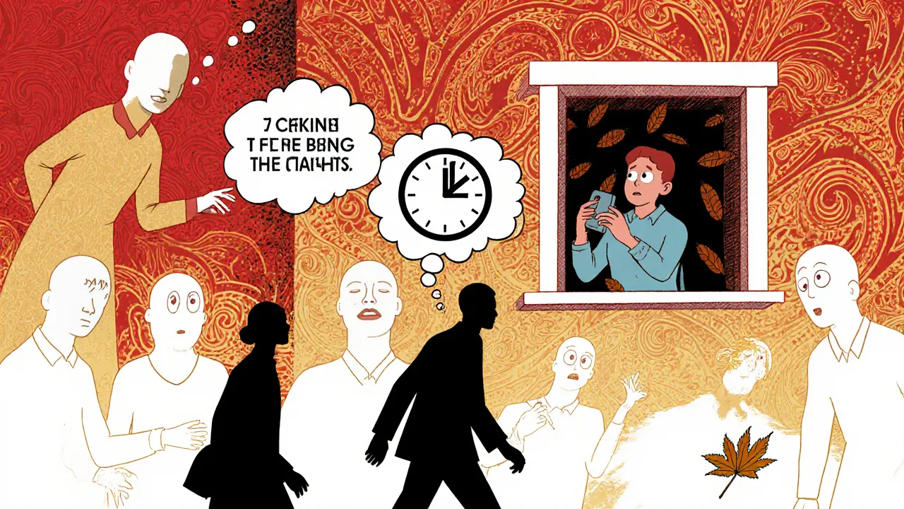 Покупатель уходит, продавец смотрит вслед, вокруг — призраки прошлых покупателей, стиль Вес Вильсона.