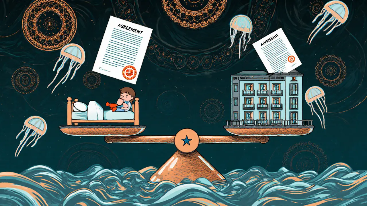 Весы балансируют детскую кровать и квартиру, на чаше — нотариальное удостоверение.