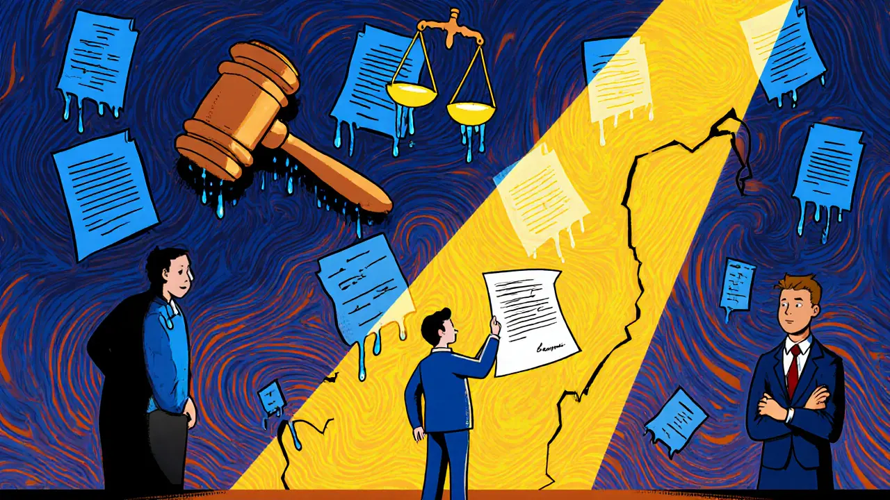 Судебный процесс с домовладельцем, победившим в споре о затоплении, в стиле психоделического плаката.