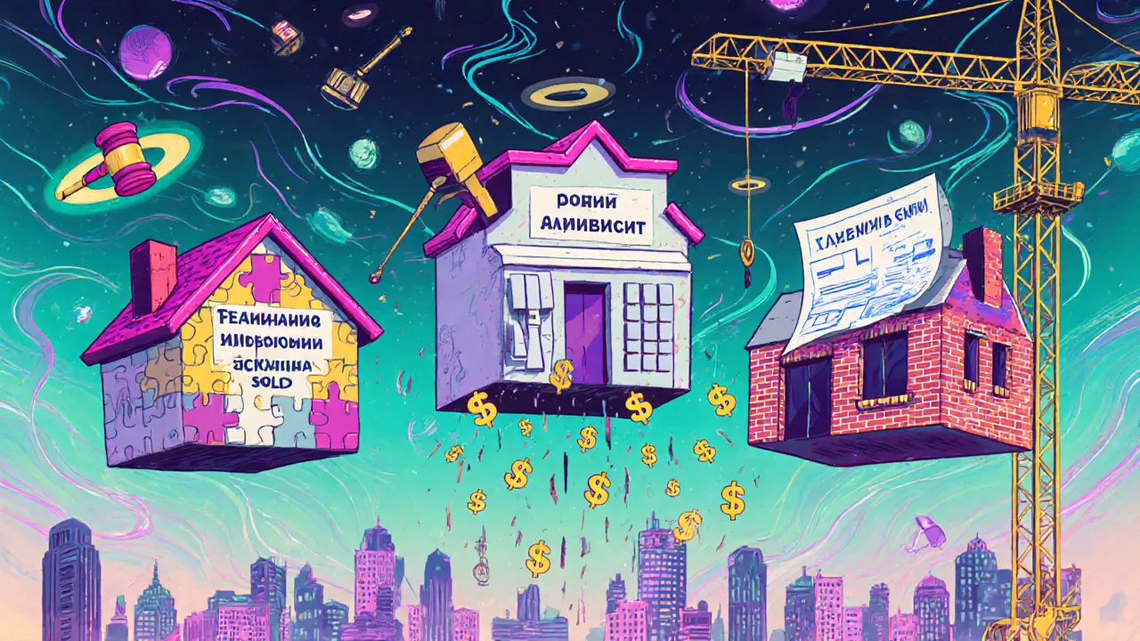 Три сюрреалистических дома, представляющих методы оценки недвижимости