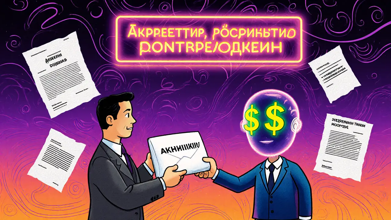 Банковский служащий передаёт конверт аккредитива под светом Росреестра, покупатель — с деньгами в глазах.