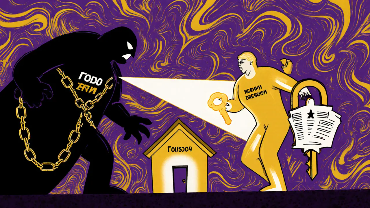 Битва между коллекторами и реструктуризацией: светлый ключ из документов открывает дверь дома, фон — психоделические узоры.