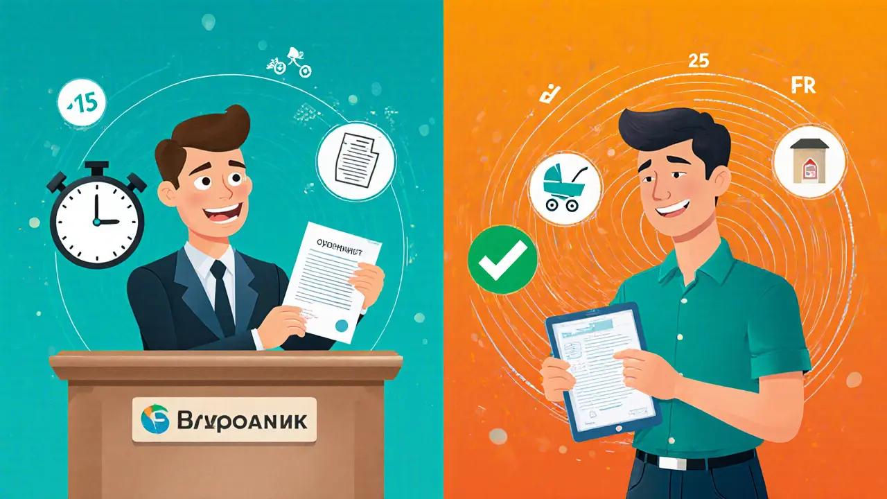 Мужчина получает новый график ипотеки от банка: слева — стресс, справа — облегчение, документы и символы жизни вокруг.