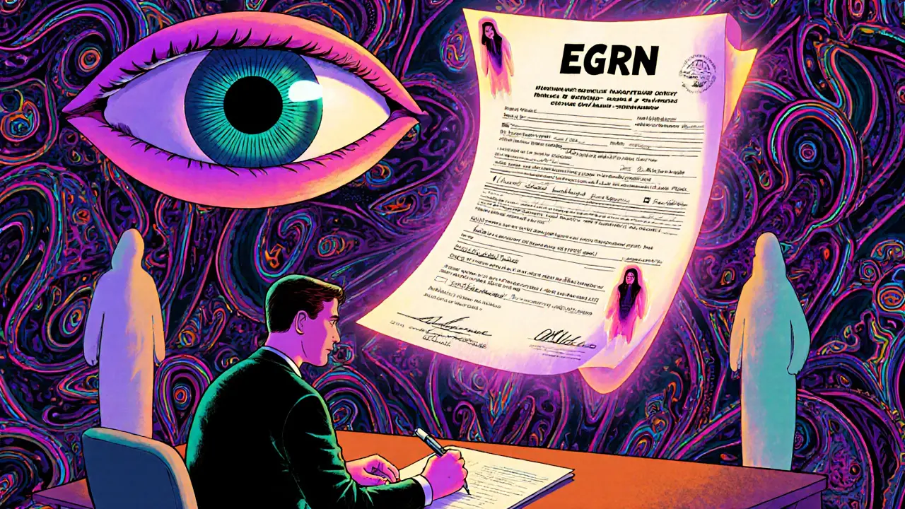 Нотариус подписывает согласие супруга, пока скрытые обременения видны в выписке ЕГРН.