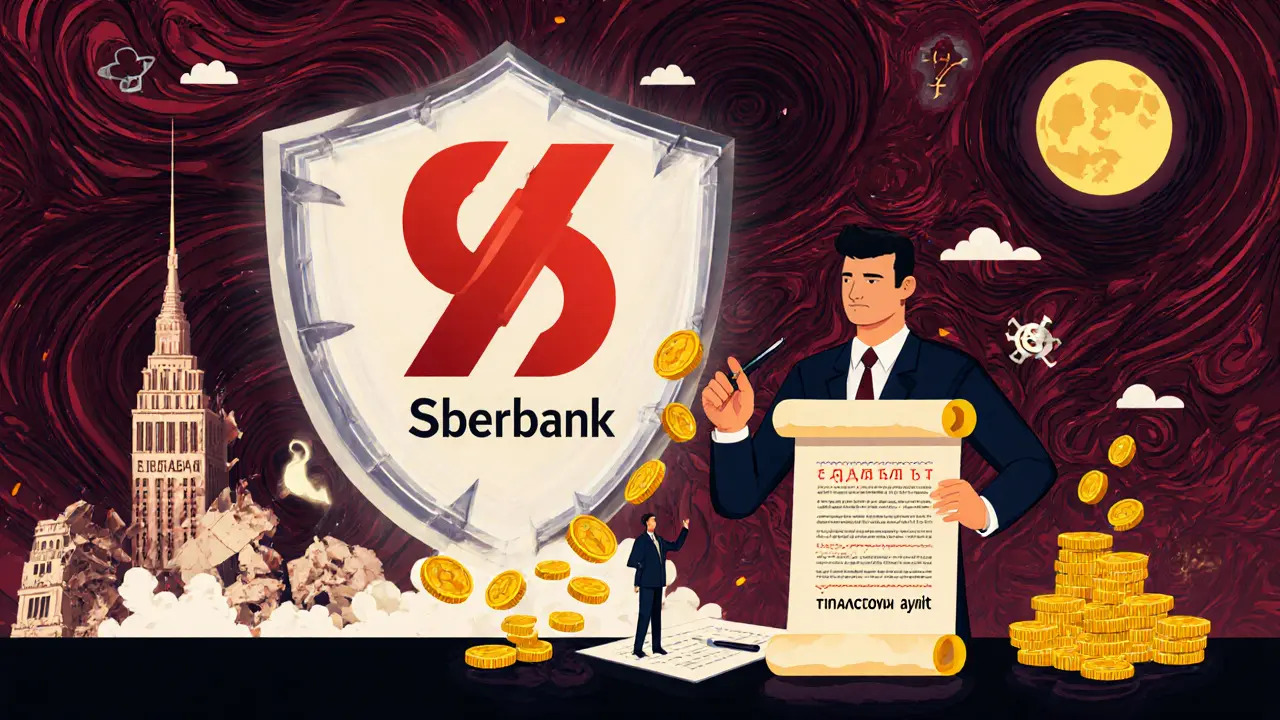 Продавец получает деньги через защитный щит Сбербанка, а наличные рушатся в дым.