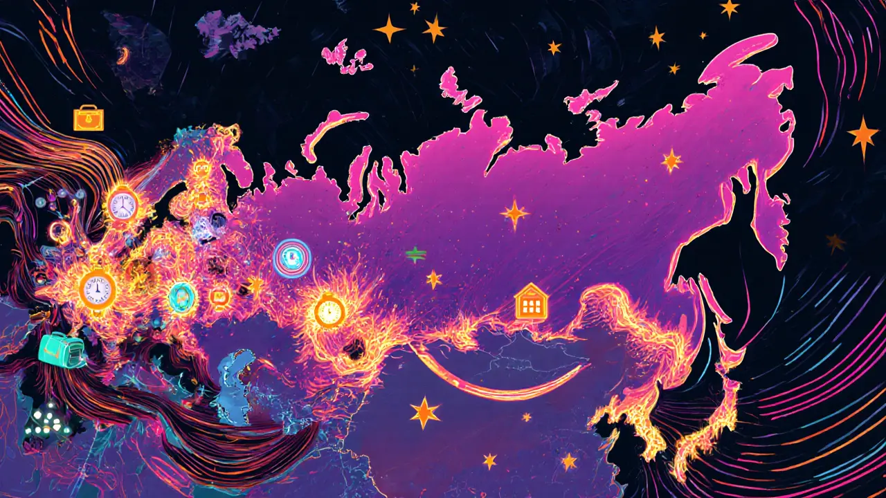 Карта России с яркими туристическими зонами и тихими городами, в психоделическом стиле Вес Вильсона.