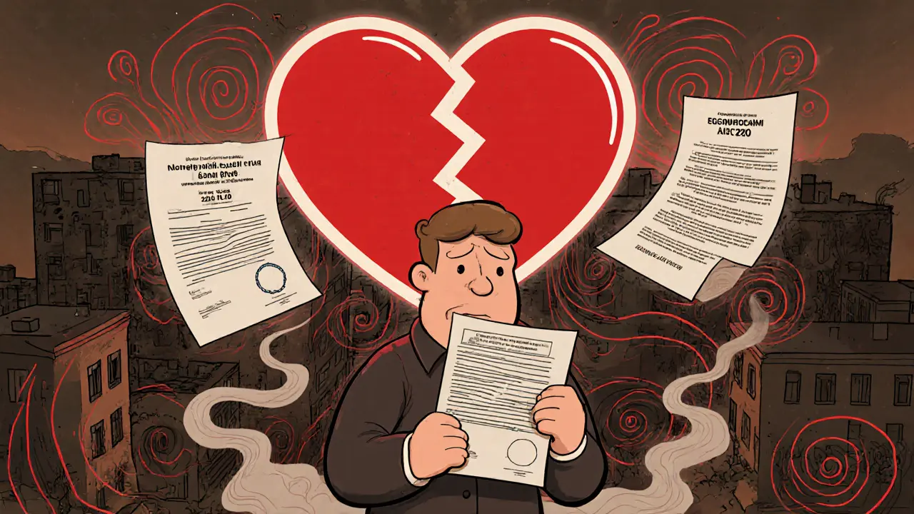 Покупатель держит согласие, а вокруг — разрушающиеся документы и красный предупреждающий знак.