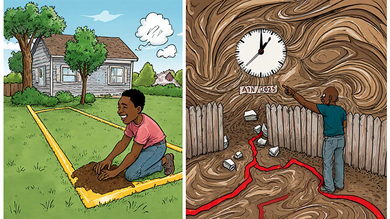 Разделённая сцена: один человек сажает дерево на чётком участке, другой — сталкивается с конфликтом границ.