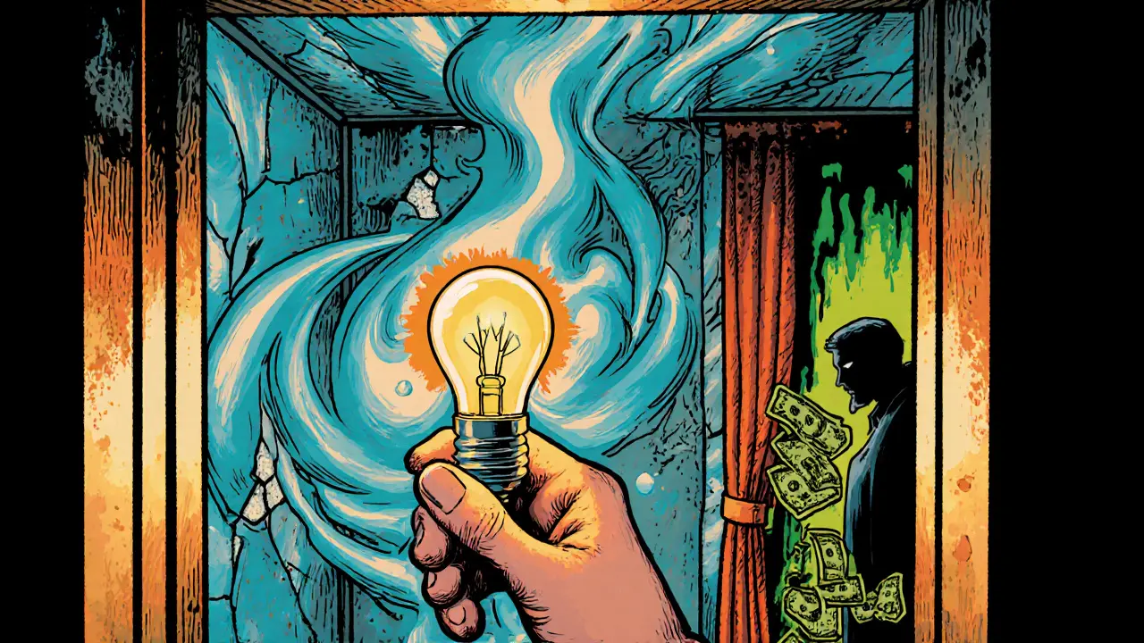 Рука проверяет лампу в лифте, в воздухе — скрытые проблемы дома.