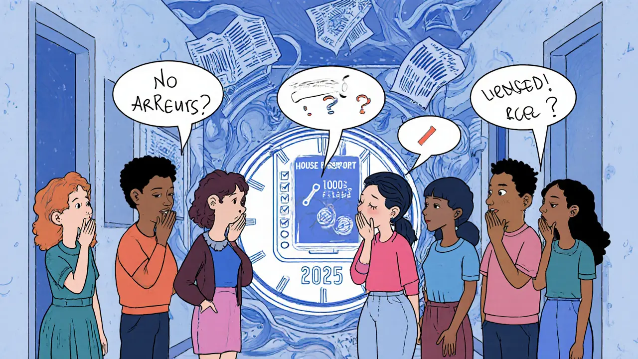 Соседи обсуждают управляющую компанию, вокруг них — чек-листы и цифровой паспорт дома.