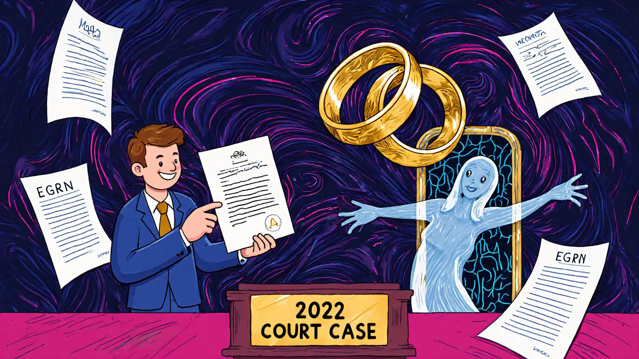 Суд с кольцом-молотком, покупатель и призрак бывшего супруга на противоположных сторонах.