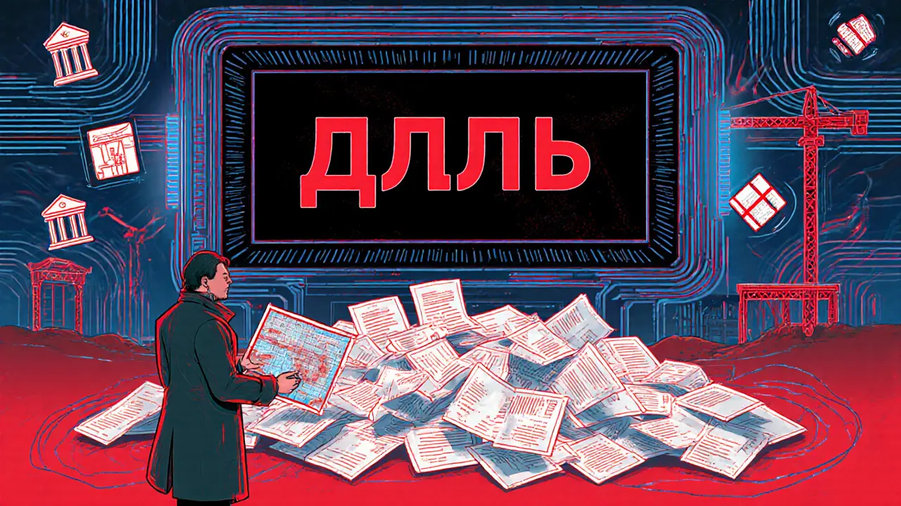 Здание Росреестра с экраном &#039;ЗАПРЕЩЕНО&#039; и отклонёнными документами на землю без межевания.