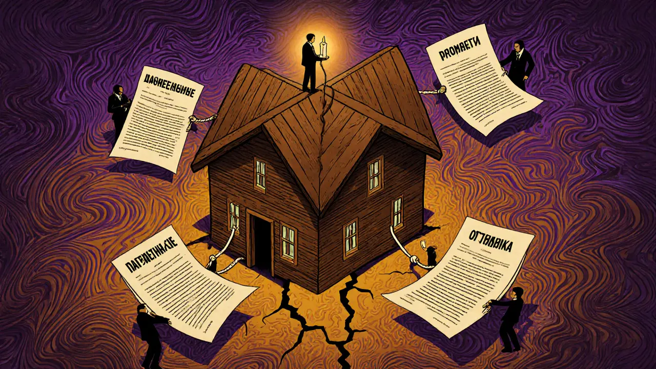 Деревянный дом с трещиной, окруженный документами, привязанными к бюрократам, человек на крыше с свечой.