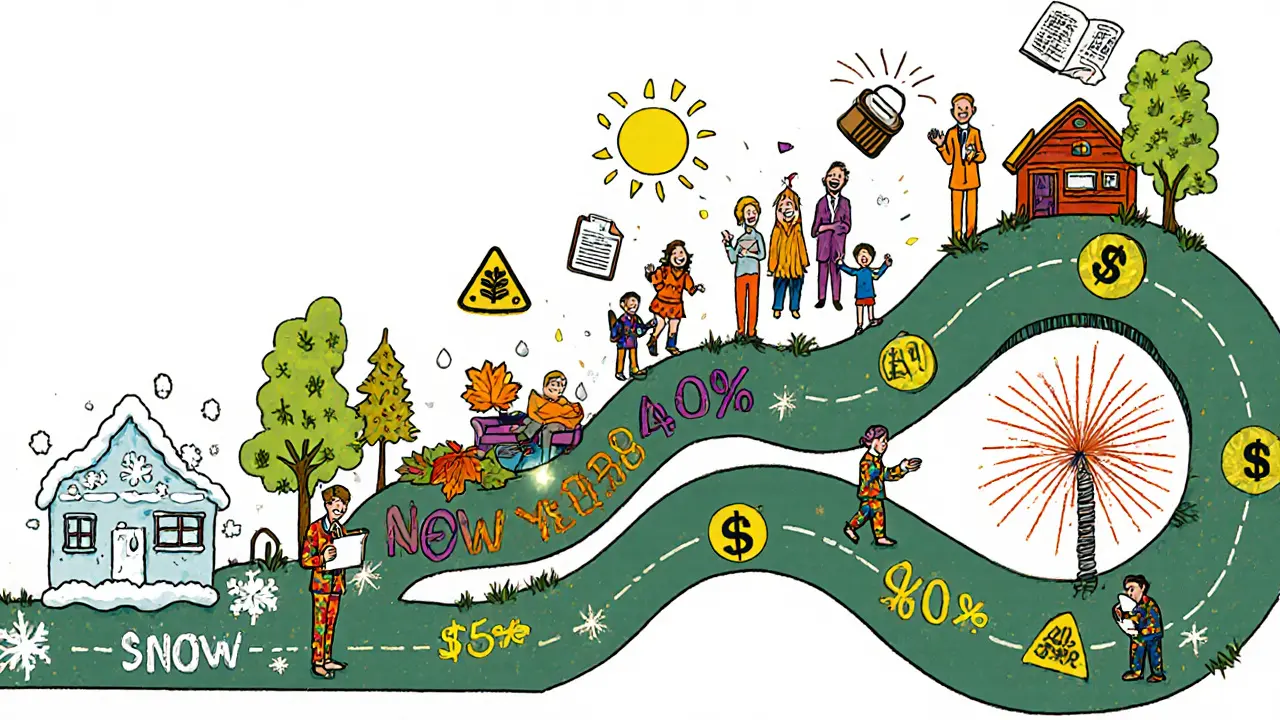График-дорога через сезоны с ростом дохода, сопровождаемый предупреждающими символами расходов и занятости.