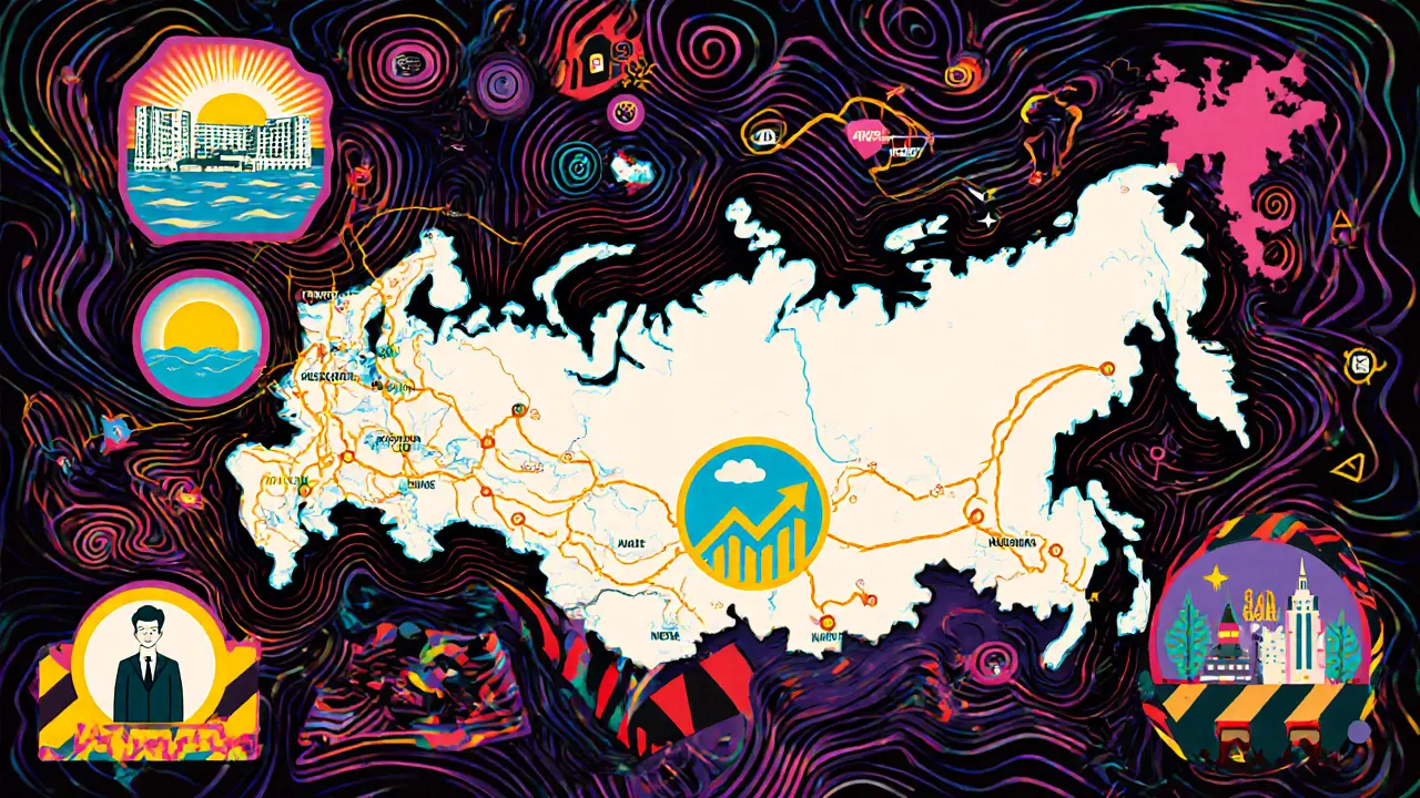 Психеделическая карта России с зонами инвестиций в апарт-отели, выделенными яркими узорами и символами.