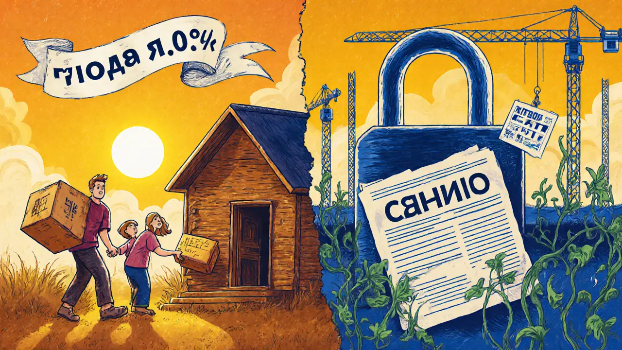 Семья в новом доме с льготной ипотекой слева, стройка с эскроу-счетом справа — сюрреалистичный контраст.