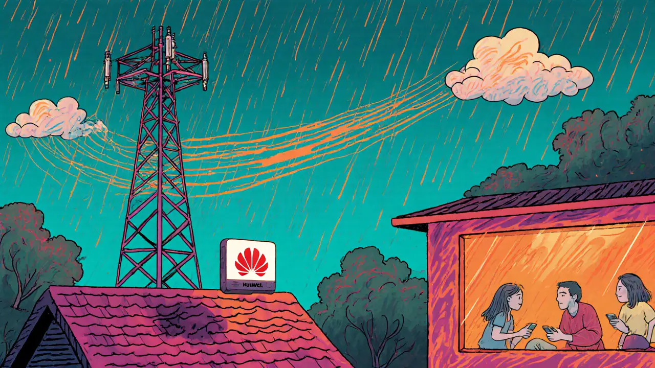 Антенна на крыше ловит 4G-сигнал сквозь дождь и деревья, роутер светится внутри дома.