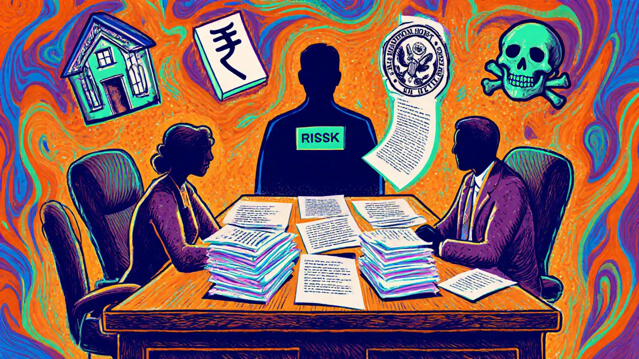 Бывшие супруги в суде, над ними — нотариальный печать и ипотечные документы