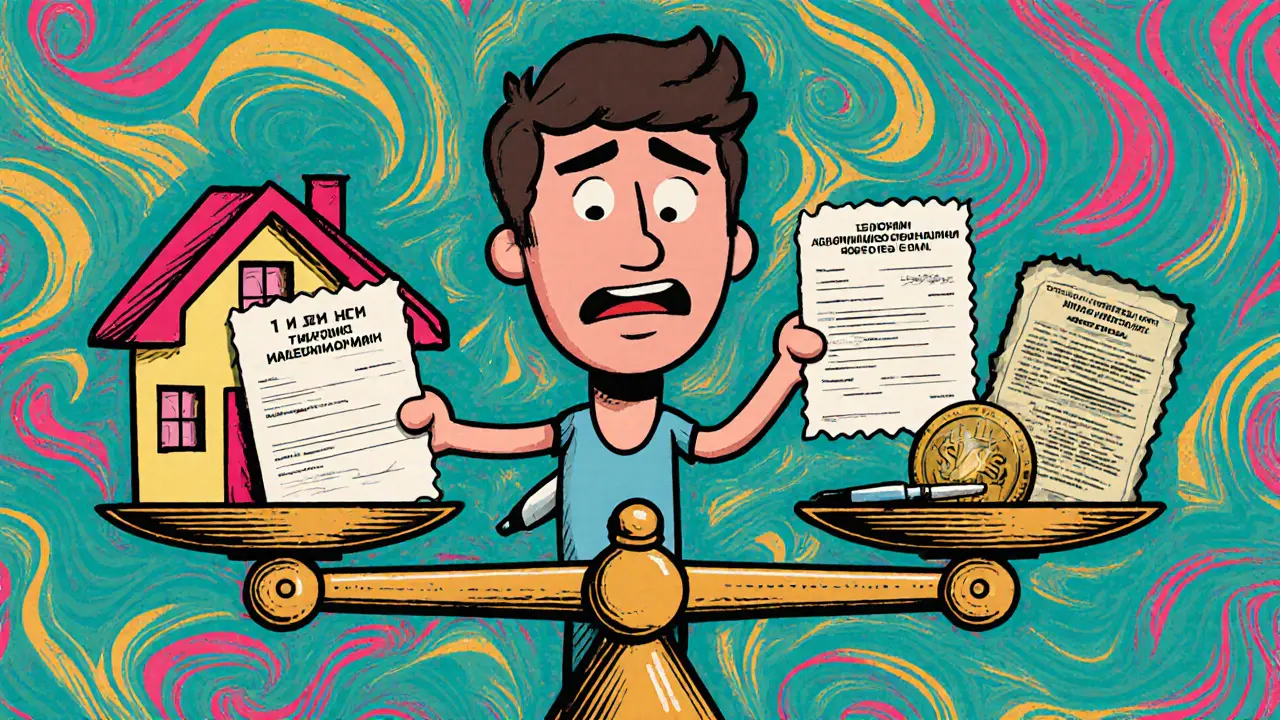 Человек сравнивает два варианта уменьшения налога: стандартный вычет и расходы наследодателя, фон — волны в стиле 60-х.