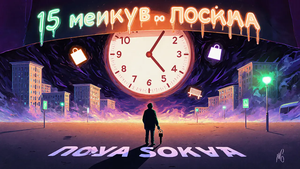 Человек стоит в пустом новом районе, далеко от школ и метро, с ключом в руке и исчезающими инфраструктурными знаками.