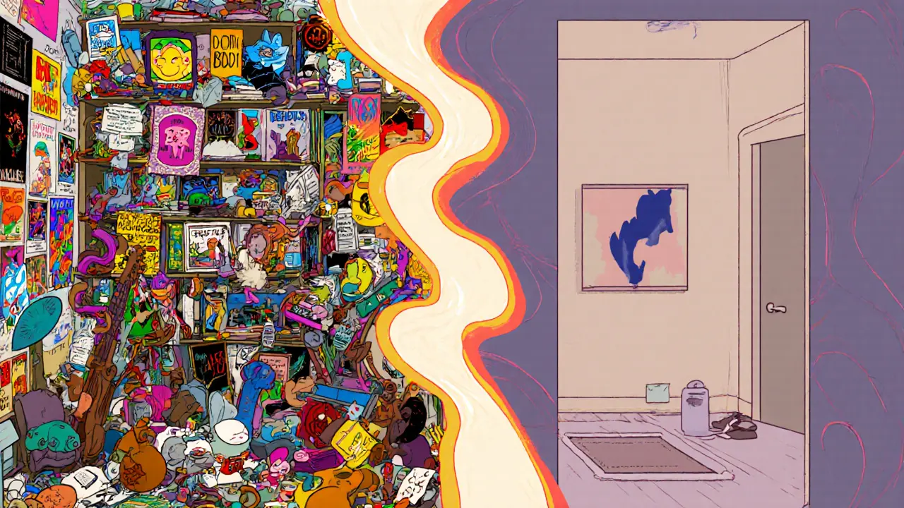 До и после деперсонализации: слева — хаотичный интерьер с личными вещами, справа — чистое, спокойное пространство.