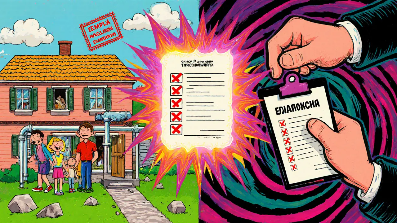 Два сценария: один — дом с коммуникациями, другой — снос, разделены психоделическим узором и выпиской ЕГРН.