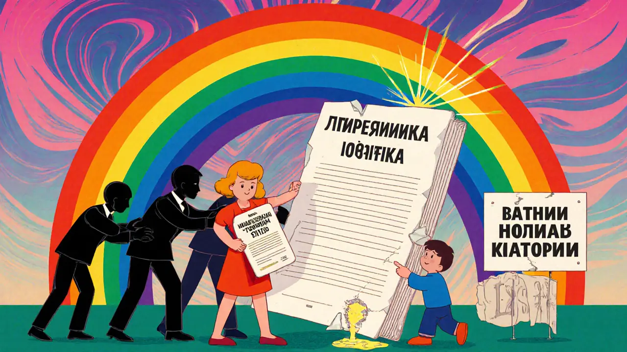 Family holding &#039;Семейная ипотека&#039; certificate as shadowy banks try to impose insurance, under a rainbow with legal sign.