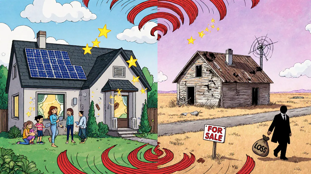 Контраст между современным экодомом и заброшенным домом без инфраструктуры