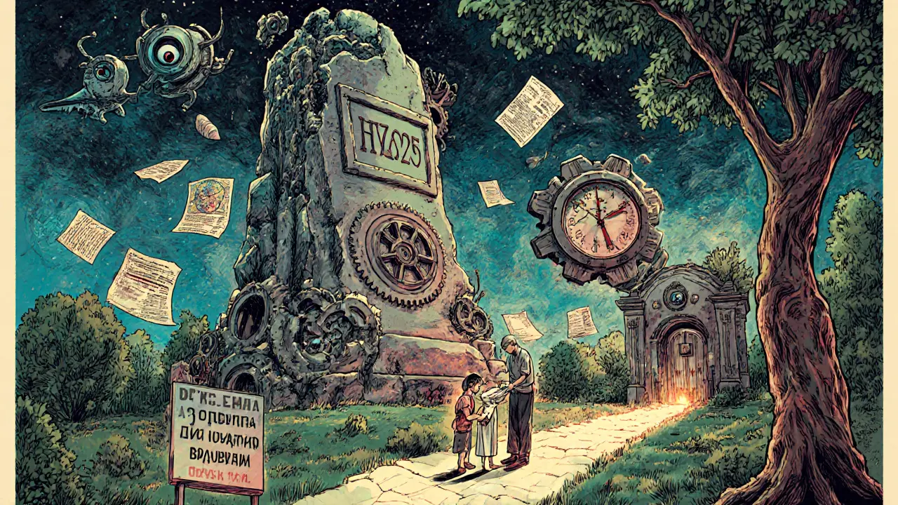 Монумент ФНС с глазами и шестерёнками, семья с документами под деревом, путь к двери &#039;Налог: Нет&#039;, яркие цвета в стиле Веса Уилсона.