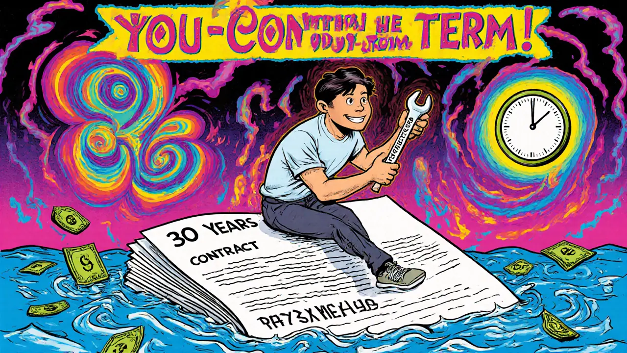 Мужчина на ипотечном договоре, погружается в деньги, но держит ключ к досрочному погашению, в психоделическом стиле.