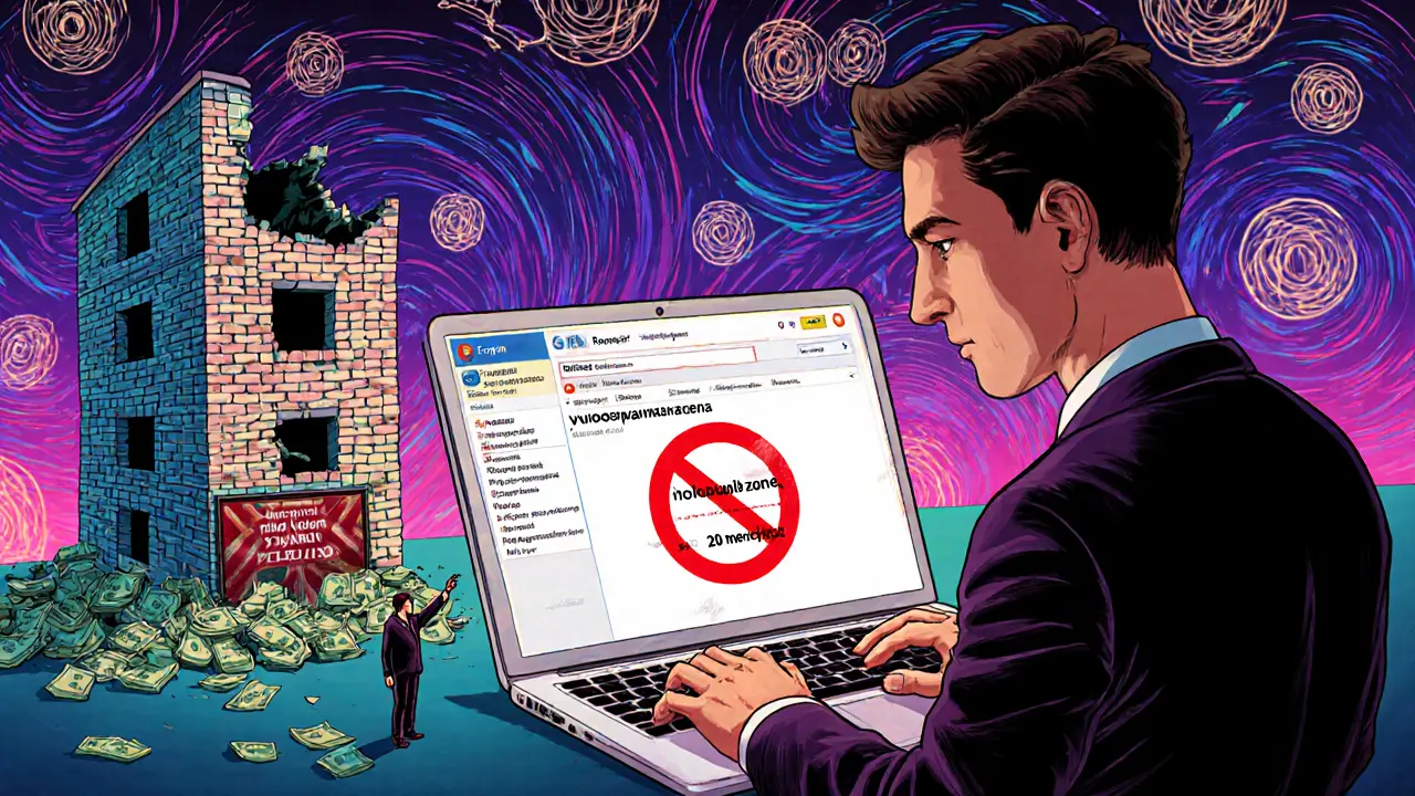 Мужчина смотрит на сайт Росреестра, за ним рушится дом из денег, рядом — зона запрета строительства у реки.