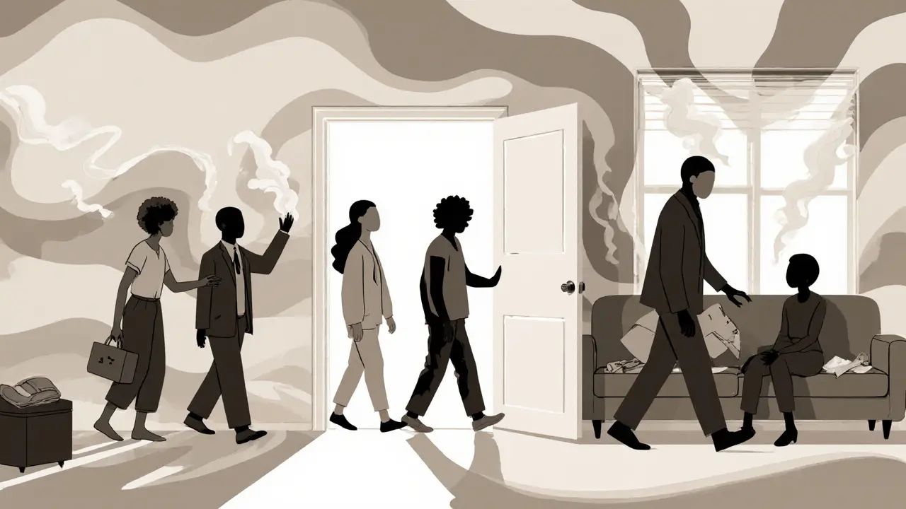 Незнакомые люди входят в нейтральную квартиру, чувствуя спокойствие, личные вещи исчезают в воздухе.