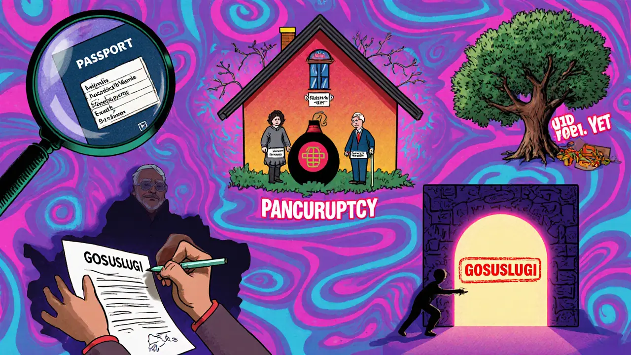 Пять визуальных шагов проверки рисков: паспорт, бомба, дерево собственников, пожилой человек и портал Госуслуг.