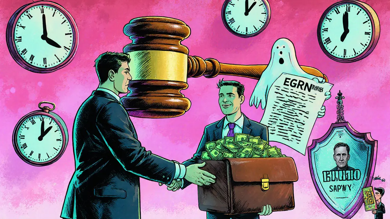 Покупатель платит за квартиру, а над ними опускается громадный молот суда и призрак супруга.