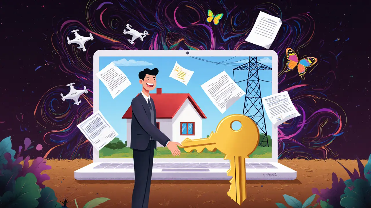 Покупатель получает ключ-дом, позади — цифровая регистрация и летающие документы.