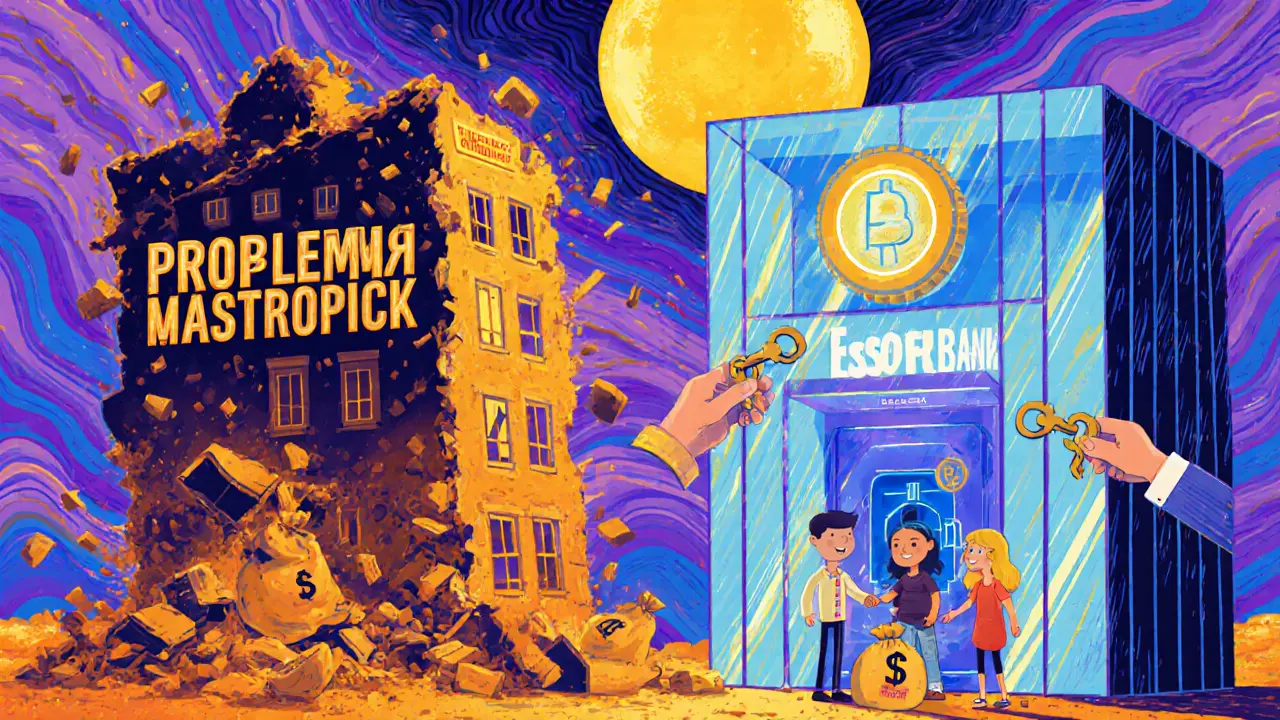 Разрушающийся дом рядом с безопасной новостройкой, где деньги хранятся в защищённом сейфе.