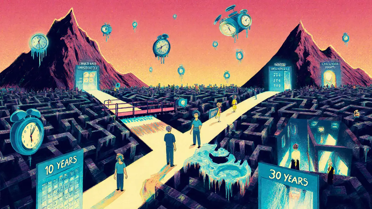 Семья на перепутье с тремя путями ипотеки: 10, 20 и 30 лет, в стиле психоделической иллюстрации.
